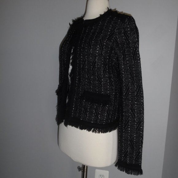 Diane von Furstenberg Sheila Metallic-Tweed Black Fringe Knit Sweater Jacket - Picture 8 of 14